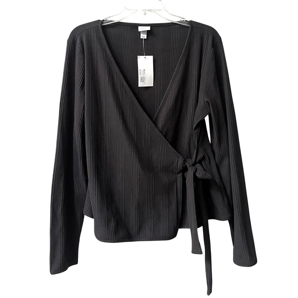 a new day V Neck Wrap Front Tie Top Womens Large Black Stretchy Ribbed New - Picture 1 of 8